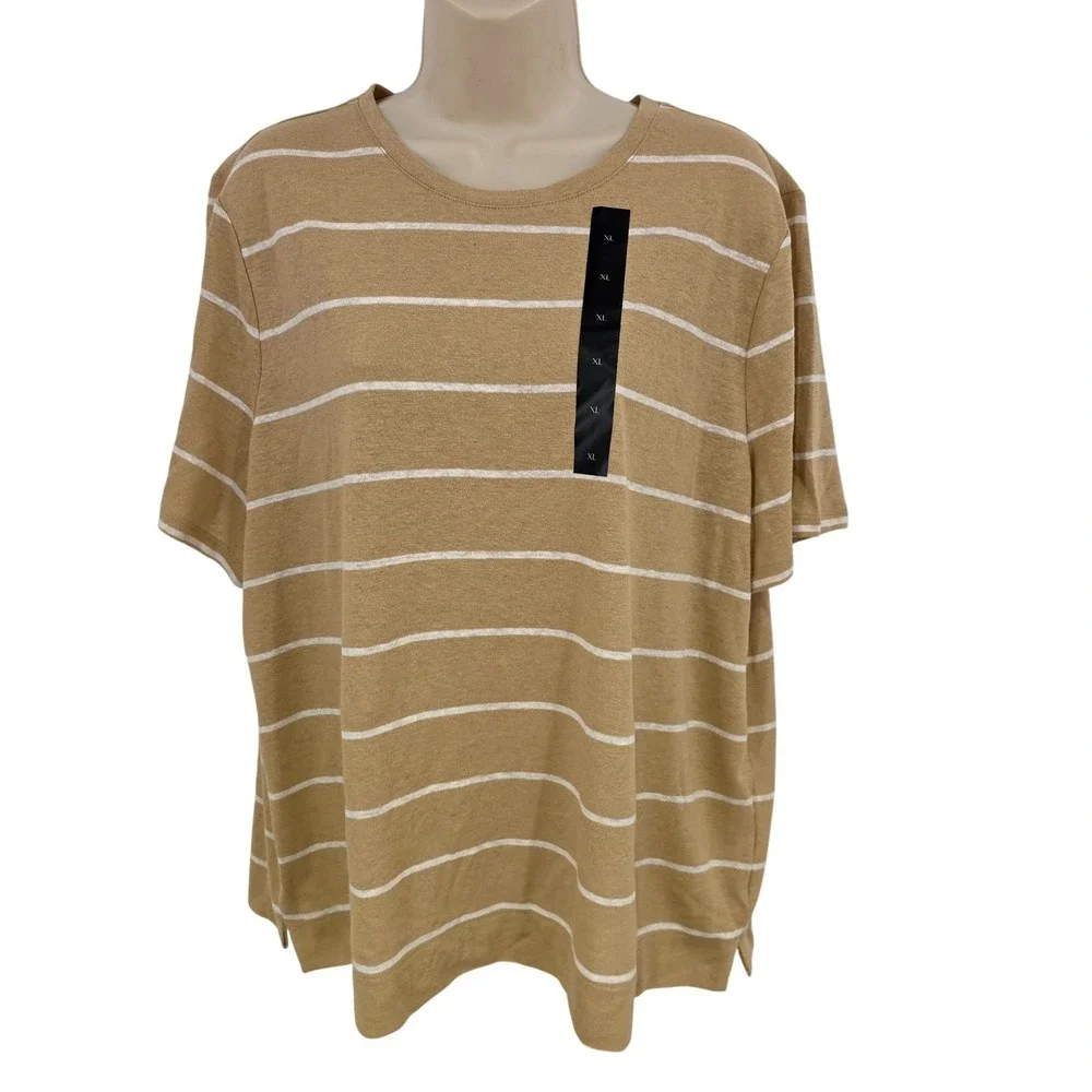 New‎ Banana Republic Shirt Men XL Beige Stripe Linen Blend Tee Peppy Golf Beachy